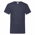 The Fruit of the Loom SS034 is shown against a white backdrop. This plain navy blue T-shirt features a classic crew neck and short sleeves, with no visible logos or designs.