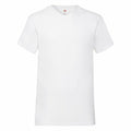 The Fruit of the Loom SS034 T-shirt is displayed against a white background. This short-sleeved, plain white V-neck shirt appears to be made from a soft fabric.