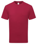 A red, short-sleeved crew neck T-shirt is displayed on a white background. The shirt features no logos or graphics, only a small brand label at the collar.