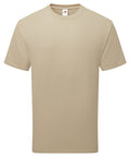 A plain beige T-shirt with short sleeves and a crew neckline is displayed on a white background, featuring no visible designs or logos except for a small neck label.