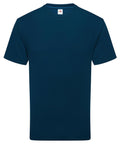 A plain, short-sleeved, dark blue T-shirt product is displayed front-facing on a white background. It features no patterns or designs and includes a small neck label.