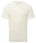 A plain, short-sleeved, crew neck T-shirt in off-white is shown against a white background, featuring no visible designs, logos, or patterns.