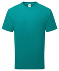 A plain teal T-shirt with short sleeves and a crew neck is displayed on a white background. It has no visible designs or logos, aside from a small label at the neckline.
