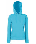 Fruit of the Loom SS038 features a vibrant blue hooded sweatshirt equipped with a front pocket and drawstrings.