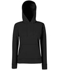 A black hooded sweatshirt from Fruit of the Loom, featuring long sleeves and a front pocket, identified as product SS038 and displayed against a white background.