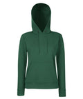 Fruit of the Loom's SS038 is a green hooded sweatshirt featuring long sleeves, a front pocket, and a drawstring hood.