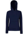 The Fruit of the Loom SS038 is a navy blue hooded sweatshirt featuring long sleeves and a front pocket, with the hood up and visible drawstrings. It is displayed on a white background.