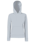 The Fruit of the Loom SS038 is a plain gray hoodie with a front pocket and drawstrings. It features long sleeves and a hood, displayed in a straight, symmetrical position against a white background.