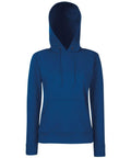 A plain blue hoodie from Fruit of the Loom, with a front pocket and drawstrings. The hood is up, and the material appears soft and comfortable. The product is identified as SS038.