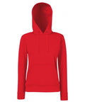 The Fruit of the Loom SS038 hoodie is displayed against a white background. It features a plain red color, front pocket, and drawstring hood, and it has a straightforward unisex design.