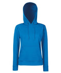 The Fruit of the Loom SS038 hoodie is showcased against a white background, emphasizing its straightforward design and vivid color. It features a front pocket and drawstrings, offering a classic look in plain blue.