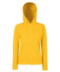 Fruit of the Loom's SS038, a yellow hoodie featuring a front pocket and drawstring hood, is displayed on a white background.