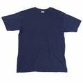 A Fruit of the Loom T-shirt (SS044) in plain dark blue is laid flat against a white background, featuring a round neckline and short sleeves that showcase its simple and classic design.