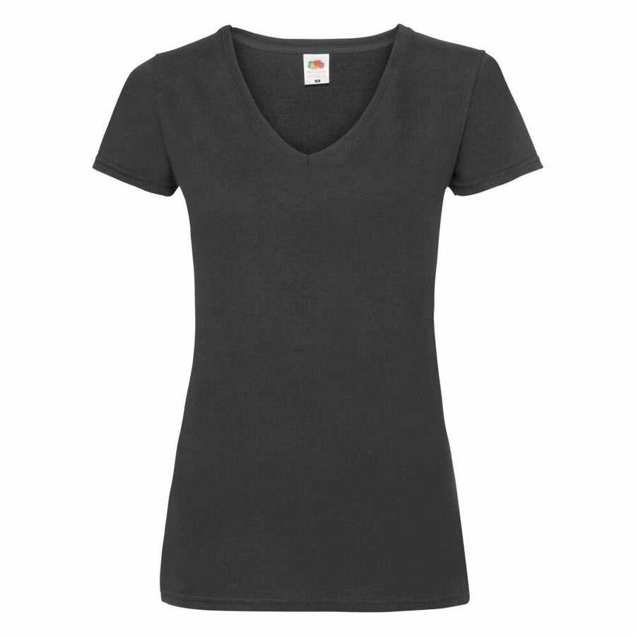 Fruit of the Loom SS047 V-neck T-shirt in black with short sleeves, showcased against a plain background.