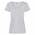 A plain light gray V-neck T-shirt with short sleeves by Fruit of the Loom, featuring a soft and slightly heathered fabric, set against a white background.