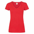 The Fruit of the Loom SS047 is a plain red V-neck T-shirt with short sleeves, set against a white background.
