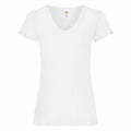 A plain white V-neck T-shirt by Fruit of the Loom (model SS047) is shown against a white background. This T-shirt features short sleeves and a slim fit design.