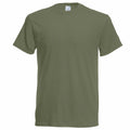 T-shirt Description: The SS048, a plain olive green short-sleeve t-shirt by Fruit of the Loom, showcased on a white background.