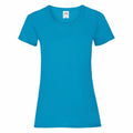 Fruit of the Loom's SS050 is a plain blue short-sleeve T-shirt with a round neckline, displayed against a white background.