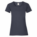 The product, SS050 by Fruit of the Loom, is a women's T-shirt with short sleeves and a round neckline, shown in plain dark grey against a white background.