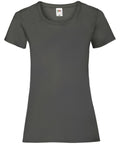The SS050 T-shirt from Fruit of the Loom is showcased on a white background, featuring a plain dark gray color, short sleeves, and a round neckline. A clothing label is visible inside the back of the collar.