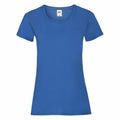 The SS050 by Fruit of the Loom is a plain blue, short-sleeved T-shirt displayed on a white background. It features a simple round neckline and a fitted design.