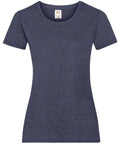 A plain dark blue heather women's fitted T-shirt with short sleeves is displayed against a white background. The label at the neckline, showing the Fruit of the Loom brand, is visible.