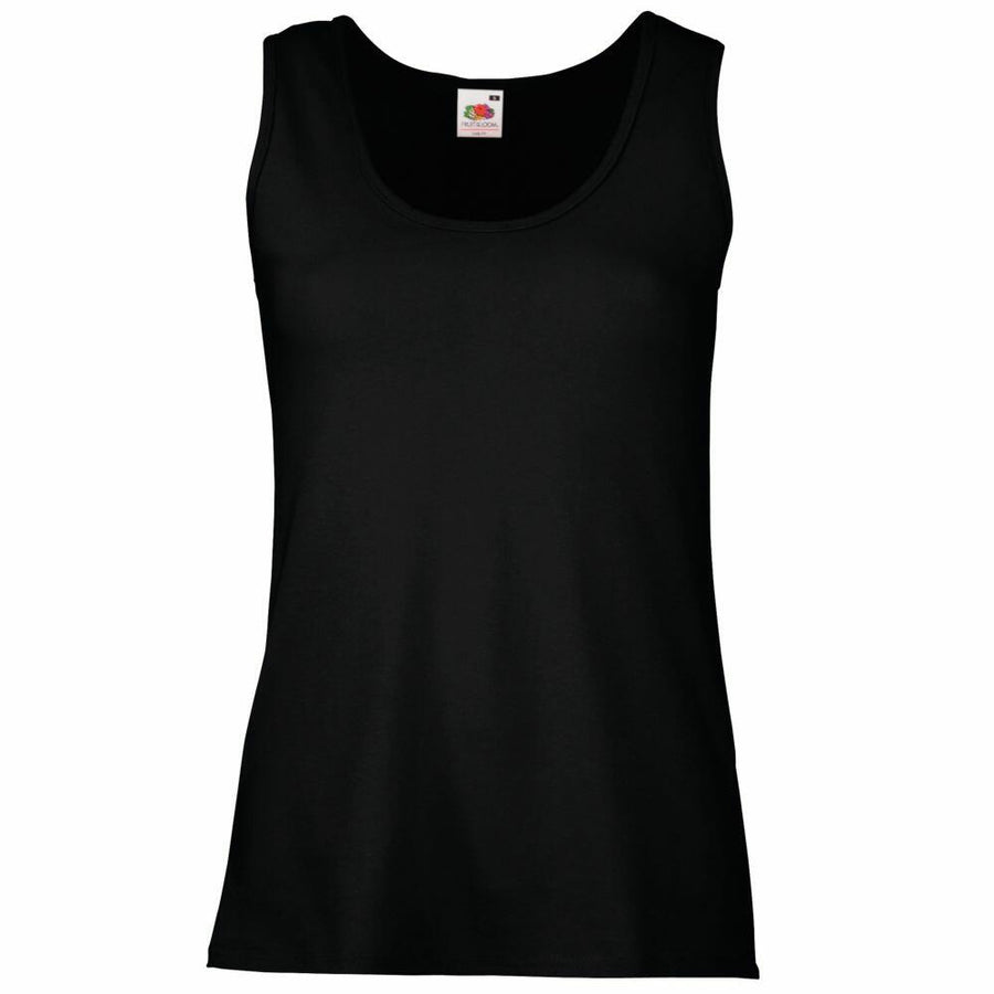 Fruit of the Loom's SS051 black sleeveless tank top, featuring a round neckline, is displayed against a white background.