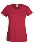 Introducing the Fruit of the Loom SS060: a plain red T-shirt featuring short sleeves and a round neckline, presented against a white backdrop. This simple design is perfect for casual wear.