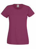 A plain magenta T-shirt from Fruit of the Loom's SS060, featuring short sleeves and a round neckline, displayed on a white background. The product tag is visible at the neckline.
