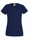 The SS060 is a plain navy blue, short-sleeved, round-neck t-shirt from Fruit of the Loom, shown against a white background. The fabric appears smooth and lightweight, ideal for casual wear. A small label is noticeable at the neck inside the shirt.