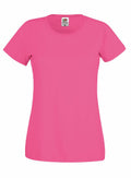 A plain pink, short-sleeved T-shirt with a round neckline is displayed against a white background. The shirt, named SS060 by Fruit of the Loom, features a simple and classic design.