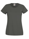 A plain, dark green women's T-shirt from the Fruit of the Loom collection, featuring short sleeves and a round neckline. The shirt, labeled SS060, is displayed on a white background with a small label on the inside near the neckline.