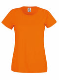 A bright orange short-sleeve T-shirt from Fruit of the Loom, product SS060, with a round neckline is displayed on a plain white background. The tag at the back of the neck is visible, and the T-shirt appears to be made from a soft, lightweight fabric.