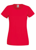A simple and unadorned bright red T-shirt, featuring short sleeves and a crew neck, is displayed against a white background. The label inside this Fruit of the Loom SS060 T-shirt shows a small icon and size information.
