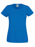 Product SS060, a plain blue T-shirt by Fruit of the Loom, is showcased against a white background. This short-sleeved shirt features a round neckline and is crafted from cotton fabric. A small tag can be seen at the inner neckline.