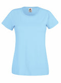 The Fruit of the Loom women's T-shirt, product name SS060, is shown against a white backdrop. It has a light blue color with a round neckline and short sleeves, offering a casual and simple design with the label visible at the neckline.