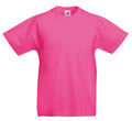 Displayed against a white background is the Fruit of the Loom SS088, a neon pink short-sleeved t-shirt featuring a round neck and a visible tag near the collar.