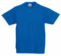 The Fruit of the Loom SS088 is a solid blue T-shirt featuring a round neckline, showcased against a white backdrop. The material used gives it a soft texture.