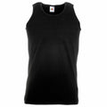 Fruit of the Loom's SS100 is a plain black sleeveless tank top featuring a round neckline.