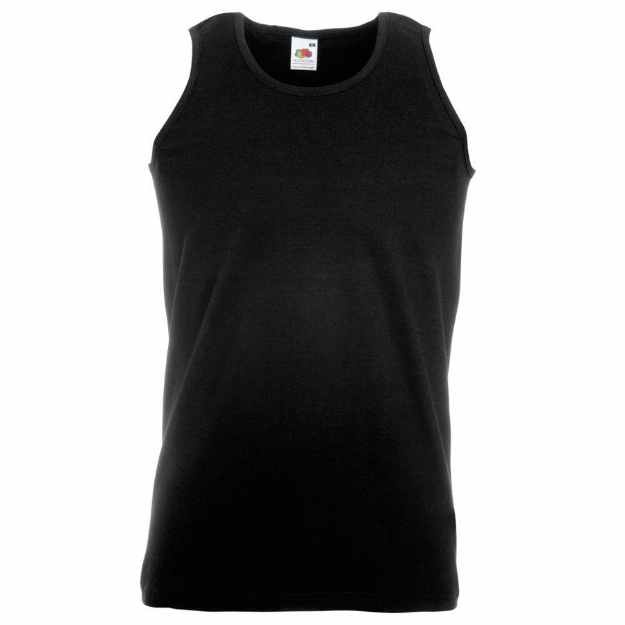 Fruit of the Loom's SS100 is a plain black sleeveless tank top featuring a round neckline.