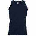 A Fruit of the Loom SS100, a sleeveless black tank top, displayed on a white background.
