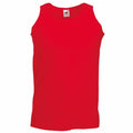 A vibrant red sleeveless tank top from Fruit of the Loom, Product SS100, is displayed on a plain white background. The tank top features a round neckline and a simple, casual design, with a small logo visible on the inside label near the neckline.