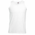 A Fruit of the Loom SS100 plain white sleeveless tank top displayed against a white background.