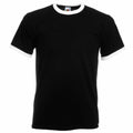 SS168 T-shirt by Fruit of the Loom, featuring black fabric with white trim on the sleeves and collar, displayed on a plain white background.