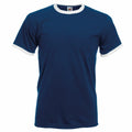 Product SS168 from Fruit of the Loom is a navy blue T-shirt featuring white collar and sleeve trim, showcased against a white background.