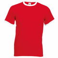 A Fruit of the Loom T-shirt, model SS168, featuring a plain red design with white trim around the collar and sleeves.