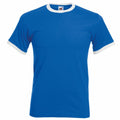 The Fruit of the Loom SS168 is a plain blue T-shirt featuring white trim on the collar and sleeves, displayed against a white background.