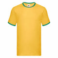 The Fruit of the Loom SS168 is a yellow short-sleeved T-shirt featuring green trim around the collar and sleeve edges, showcased against a white background.