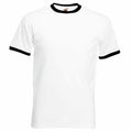A "Fruit of the Loom SS168" T-shirt featuring a plain white design with black rings around the neck and sleeves.
